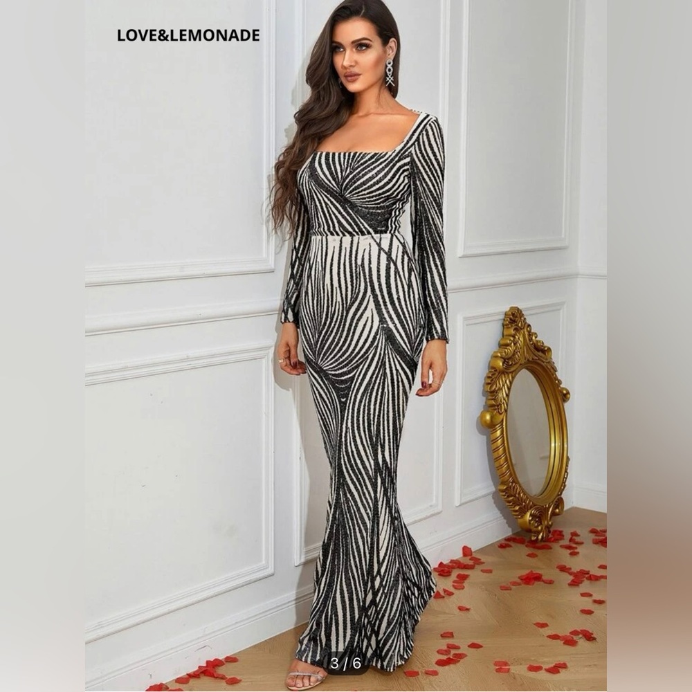 Square Neck Mermaid Dress Long Sleeve Maxi Evening Prom Dress